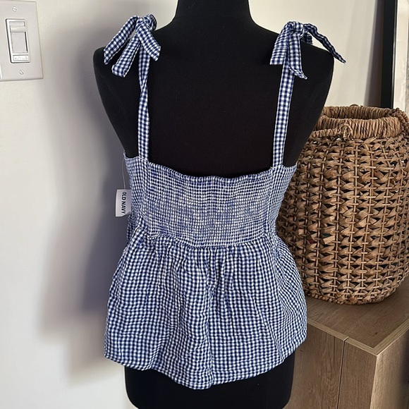 NWT Old Navy Blue Checkered Flowy Top with Bow Tie Shoulder straps - Large - Picture 4 of 7